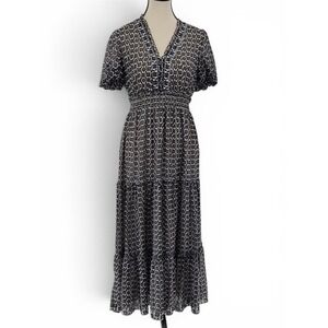Max Studio Floral Tiered Maxi Dress S Black White Lined Smocked Waist V-Neck